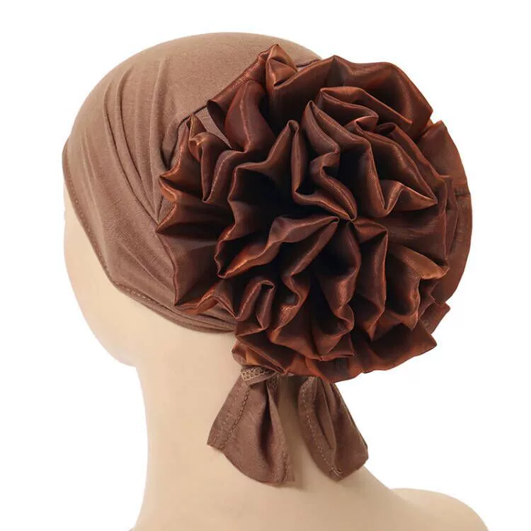 New modal elastic elastic strap big flower bottom hat with rope hijab solid color scarf adjustable