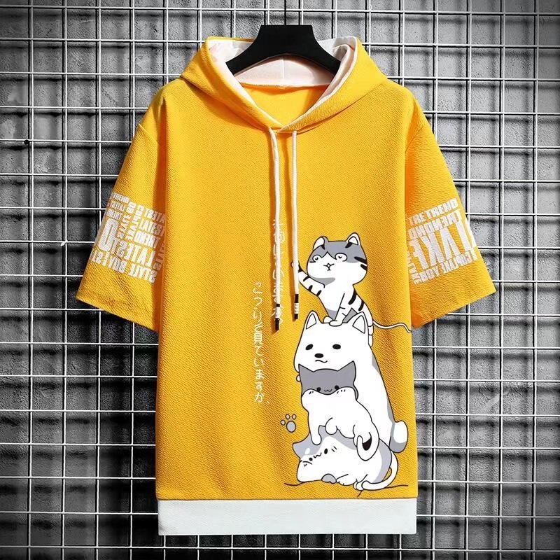 2022 verano transfronterizo nuevos hombres Sudadera con capucha media manga suéter manga corta color sólido camiseta suelta tendencia deportiva ins
