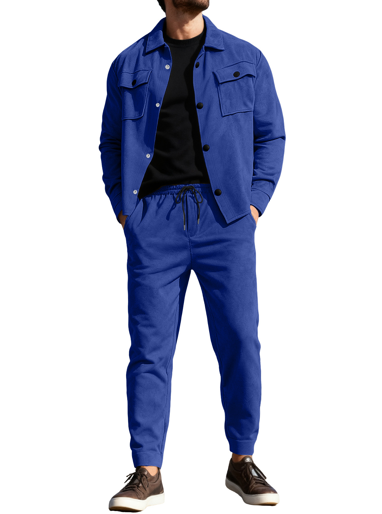 Nuevo transfronterizo Europa y América Amazon TK estilo americano pesado chaqueta casual de hombre pantalones casuales de piel de seda de color sólido conjunto