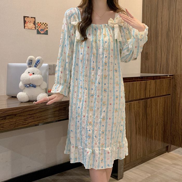 Nube de algodón pijama de primavera y otoño de mujer nuevo tipo con almohadilla de pecho dulce flor triturada pijama de mangas largas princesa ropa de hogar se puede usar fuera