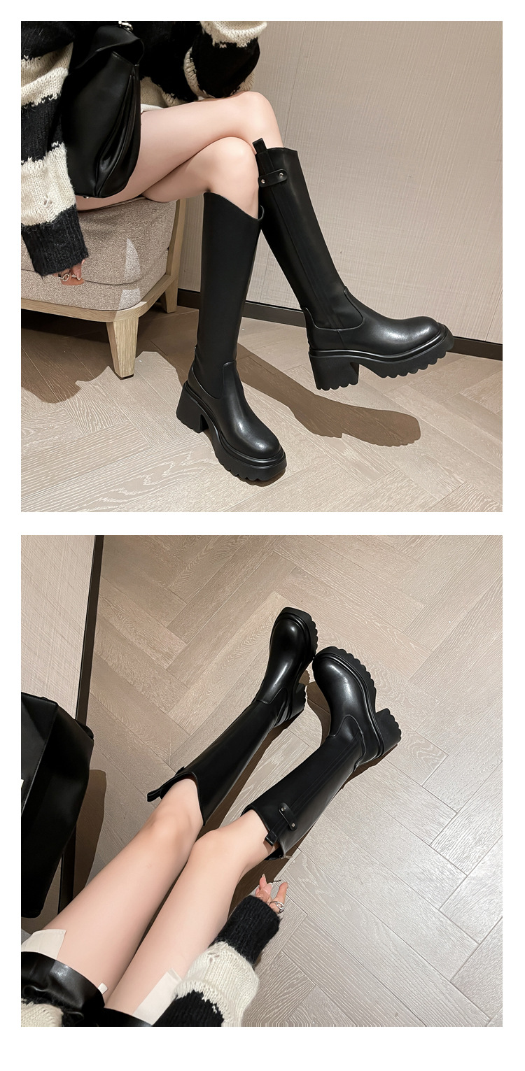 Boot nữ cổ cao ôm bắp chân đế dày gót thấp da thật mùa thu đông — Lớp lót nhung ống lớn màu nâu, Màu nâu cộng với lớp lót đơn lớn, Màu nâu cộng với lớp lót nhung lớn, Lớp lót nhung ống lớn màu đen chi tiết 10