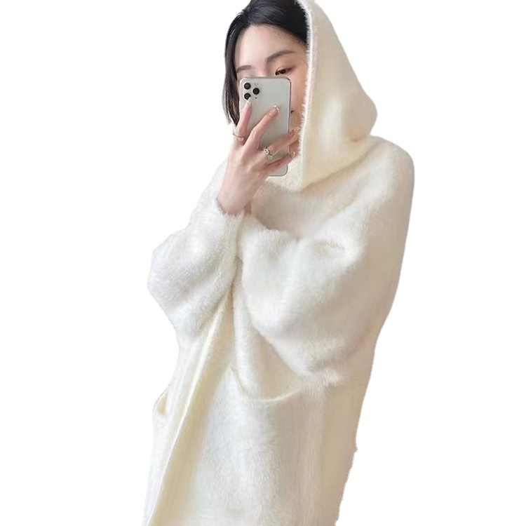 Damenbekleidung Neue lange Nerzfleece-Strickjacke im Lazy-Style mit lockerer Kapuzenpulloverjacke_voghion.com