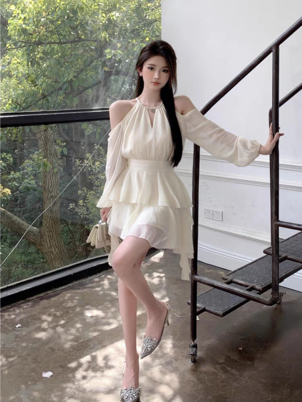 フレンチホワイト長袖ドレス妖精夏妖精ウエストシフォンスカートフリルケーキAラインスカート|undefined
