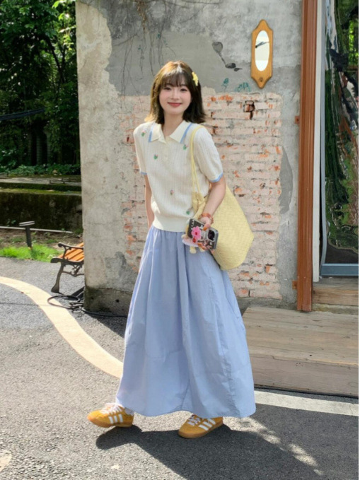 ドレスレディース2025夏新作着用年齢軽減ポロカラーセーターTシャツブルーロングスカート2点セット|undefined