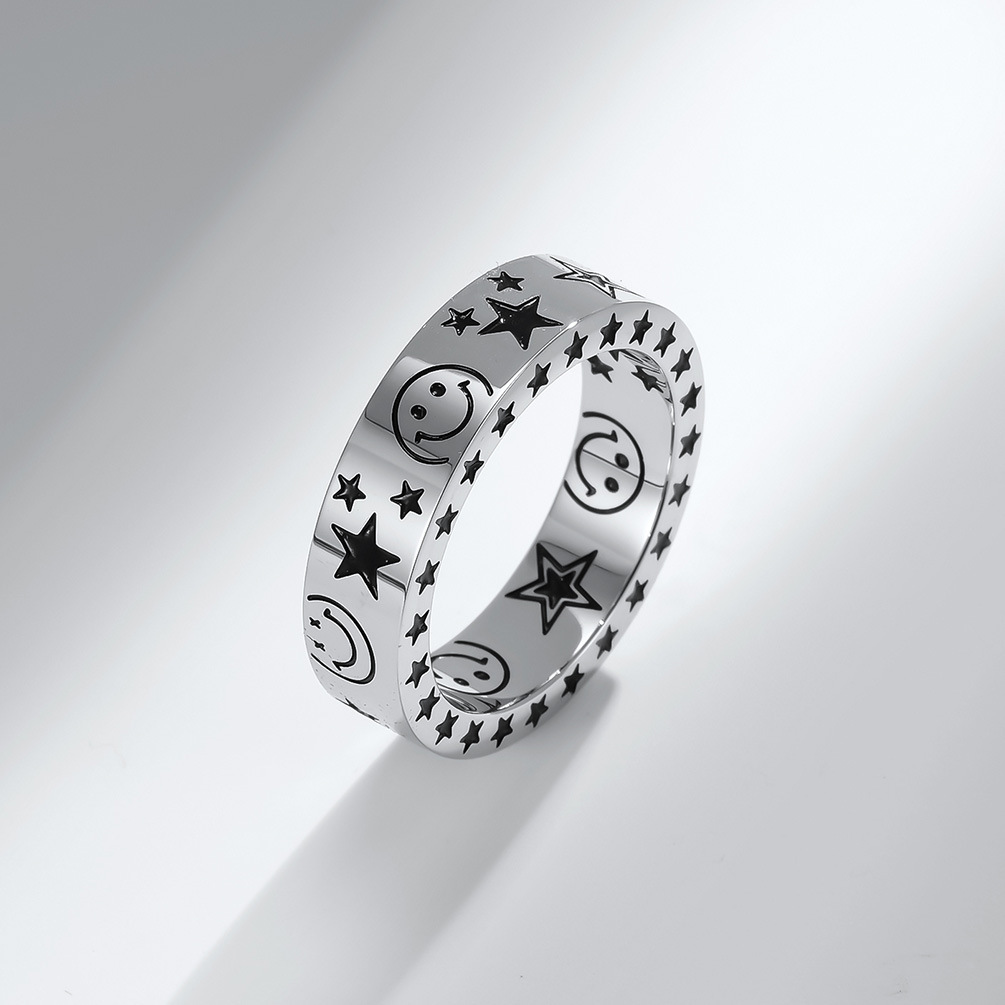 Fashion Geometric Smiley Star Moon Coupleu0027s Stainless Steel Ring