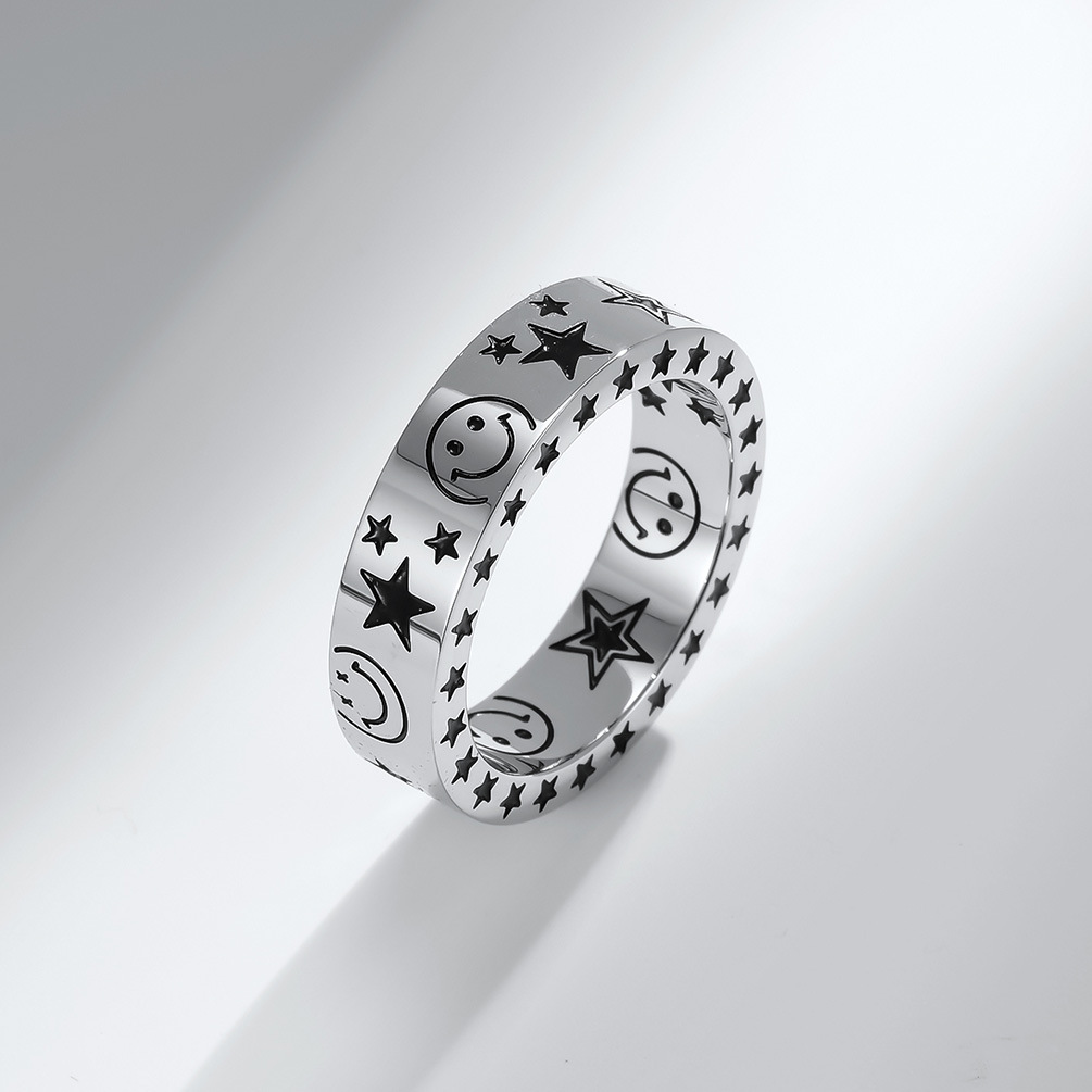 Mode Geometrische Smiley Sterne Mond Paar Der Edelstahl Ring display picture 2