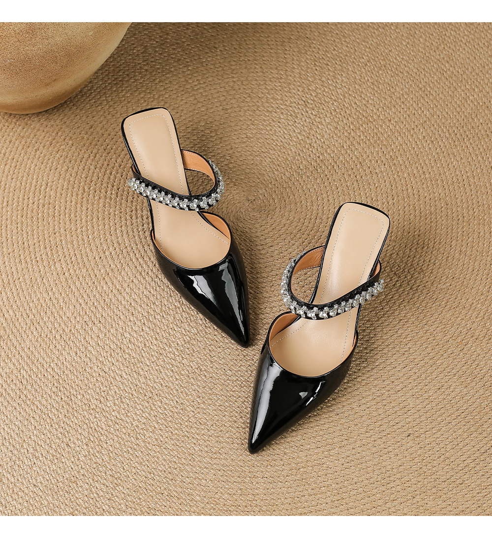 Giày sandal cao gót nữ mũi nhọn đính đá kiểu Pháp, gót nhọn 9 cm — đen chi tiết 14