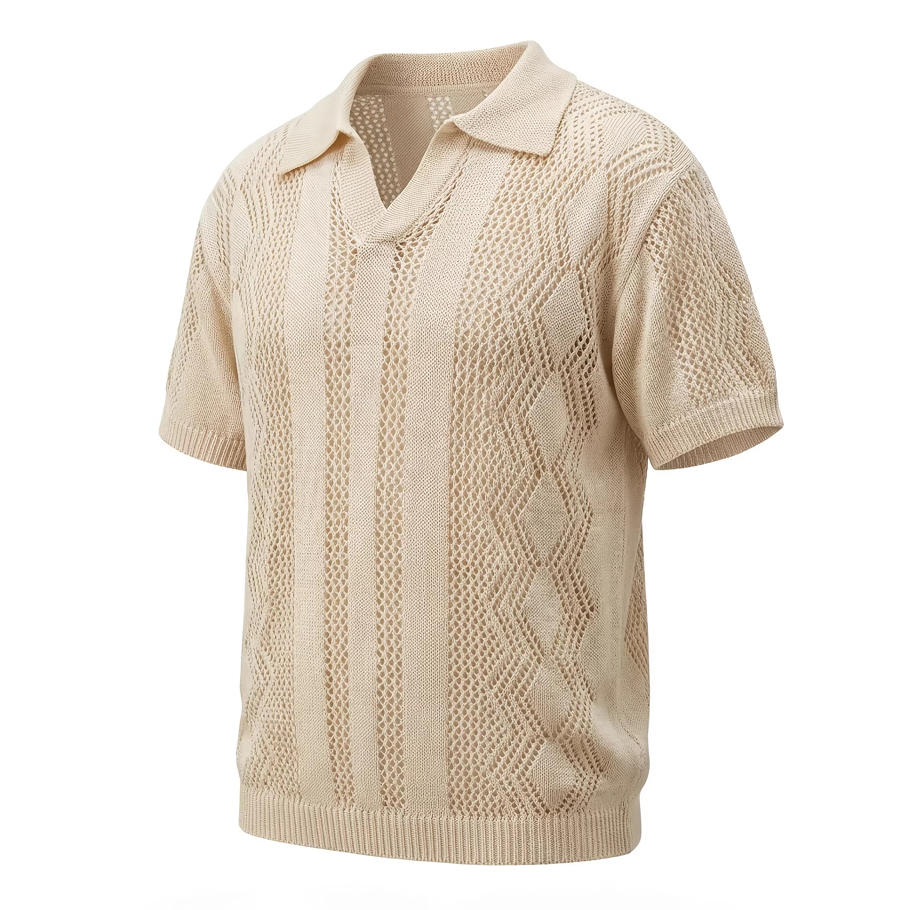 Men's Textured Openwork Knit Short Sleeved Shirt French Retro Collar V Neck Half Open Knit Sweater Exclusive_voghion.com