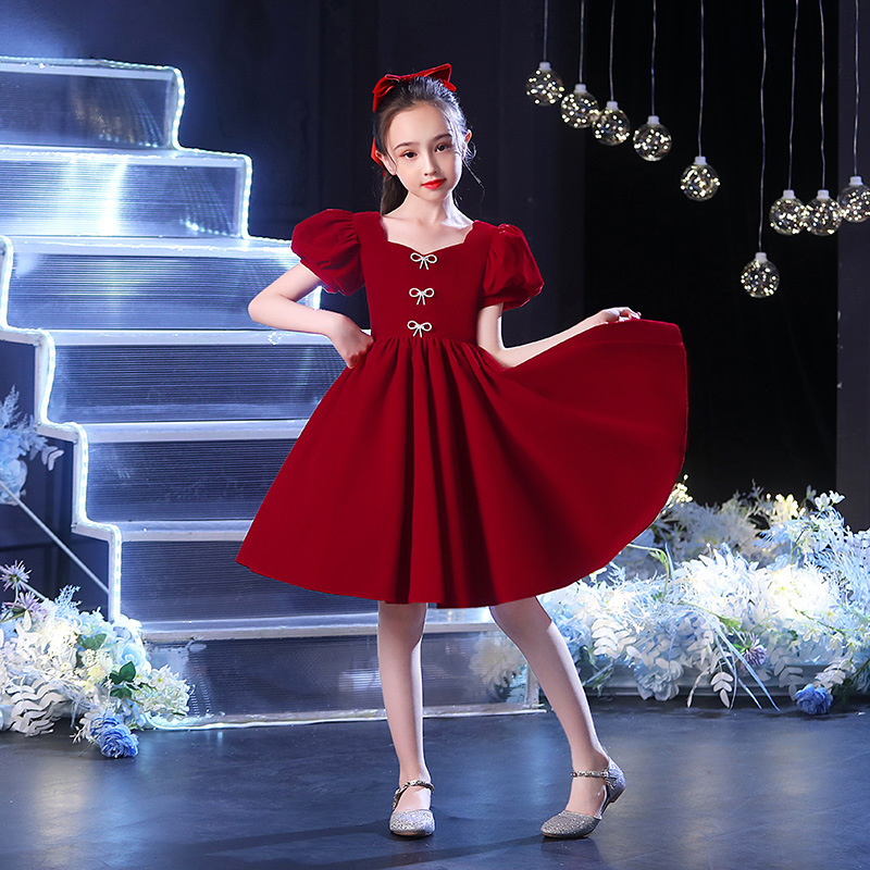 女童公主裙儿童生日礼服女孩洋气红色主持人花童钢琴演出服春