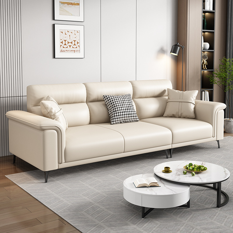 Leather Sofa Living Room Modern Italian Style Light Luxury Top Layer Cowhide Sofa Straight Row Three-Person Four-Person Sofa for Small Apartment