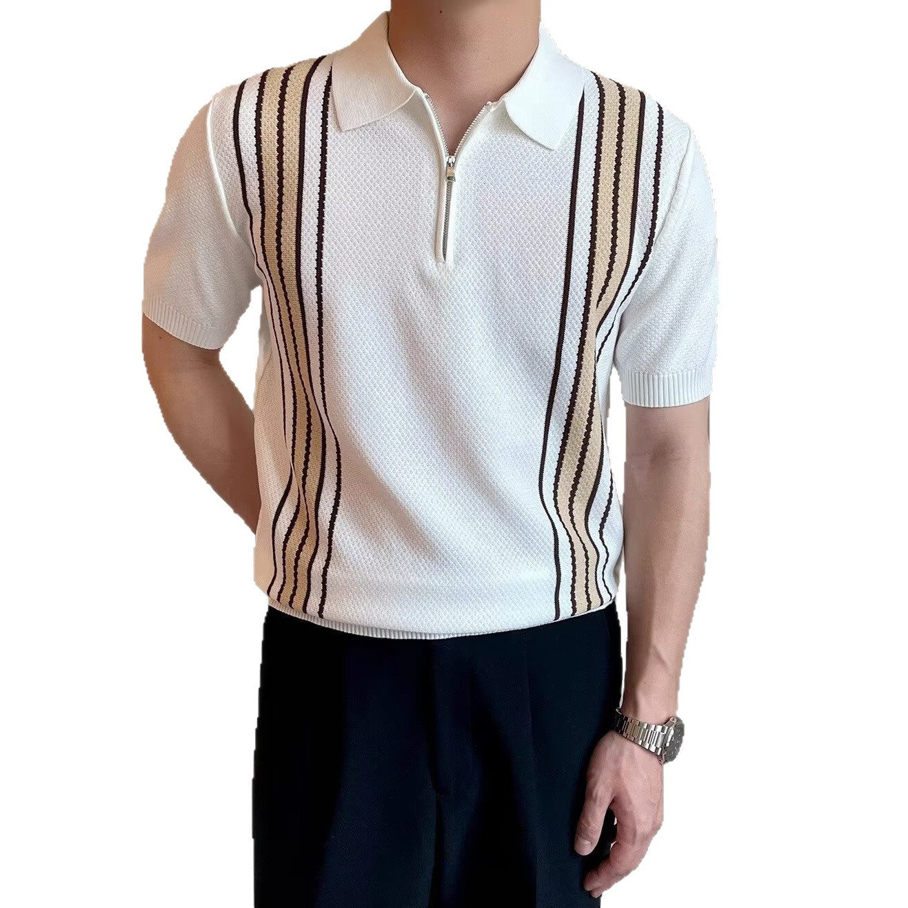 Polo camiseta camiseta de punto camiseta de manga corta camiseta de cuello de hombre rayas medio cremallera viejo dinero viento hielo seda fábrica transfronteriza al por mayor