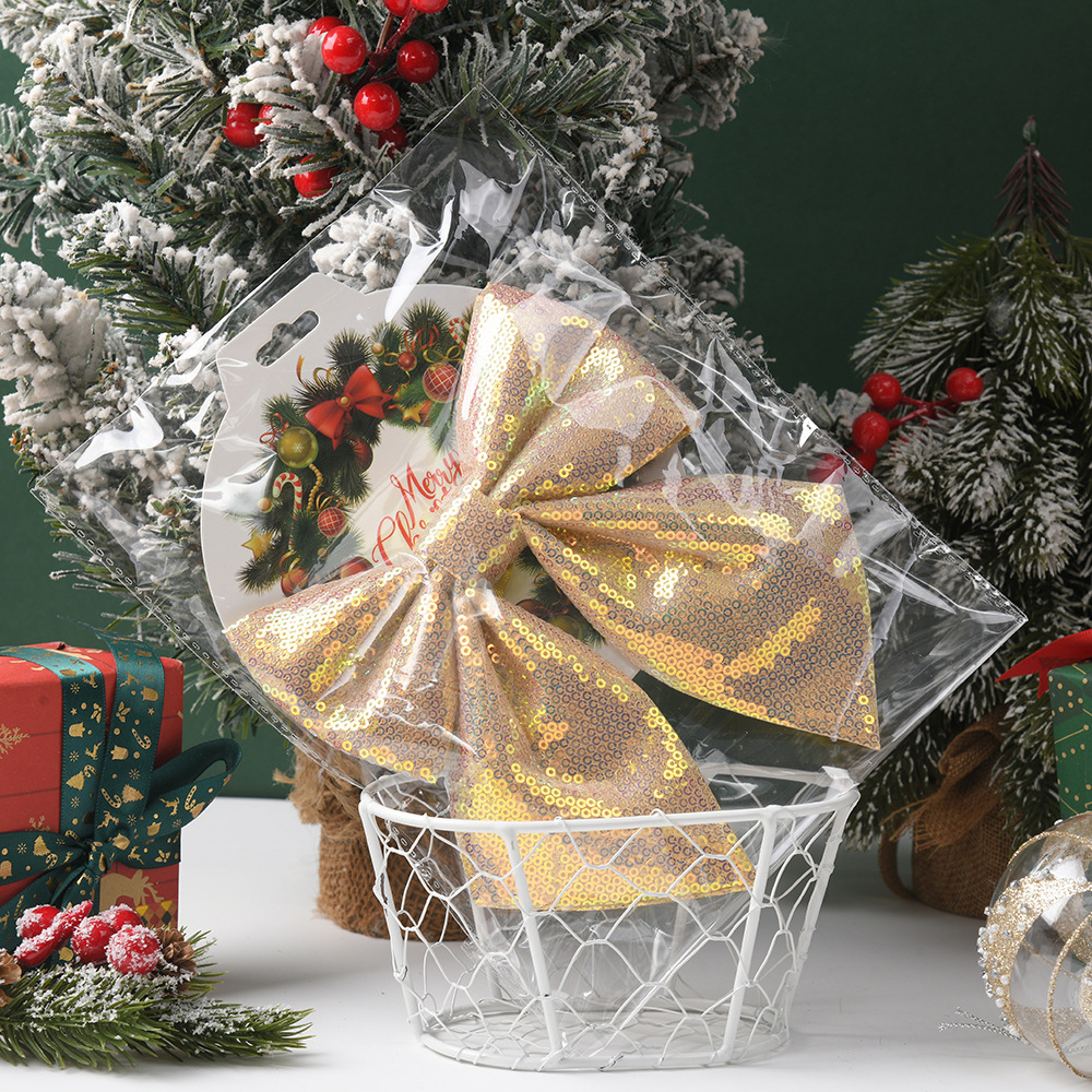 Nuevo lazo transfronterizo decoración navideña lentejuelas destello moda arco colgante de árbol de Navidad venta directa de fábrica