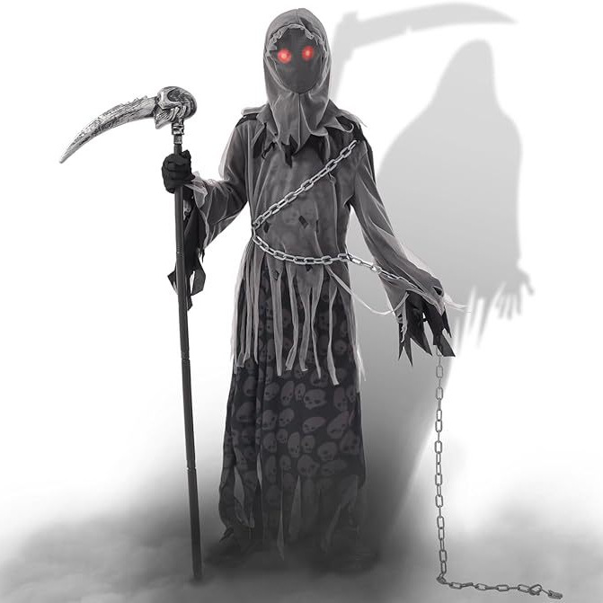 2026 Amazon New Product Halloween Grim Reaper Costume for Kids, Mysterious and Scary Cosplay Grim Reaper Scythe Outfit