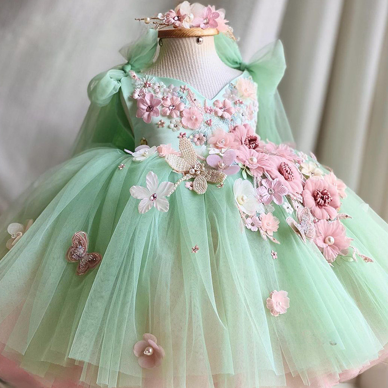 兒童禮服蝴蝶結網紗蓬蓬裙女寶寶花朵lolita洛麗塔公主裙直播代發