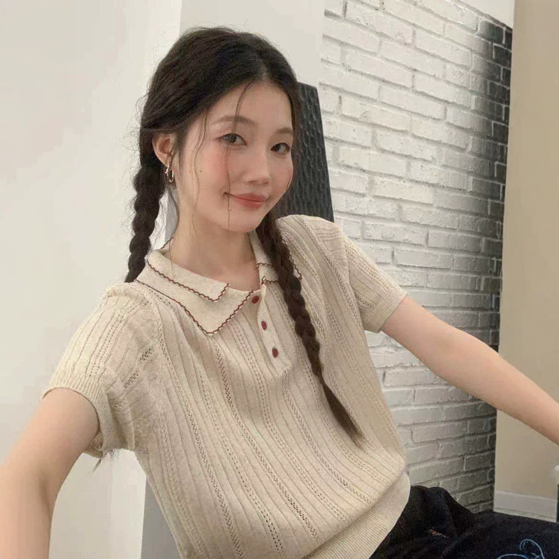 2026 Polo Shirt with Regular Shoulders and Short Sleeves, Knitted Top for Women, Summer Design, Thin T-Shirt, Unique and Beautiful Korean-Style Top
