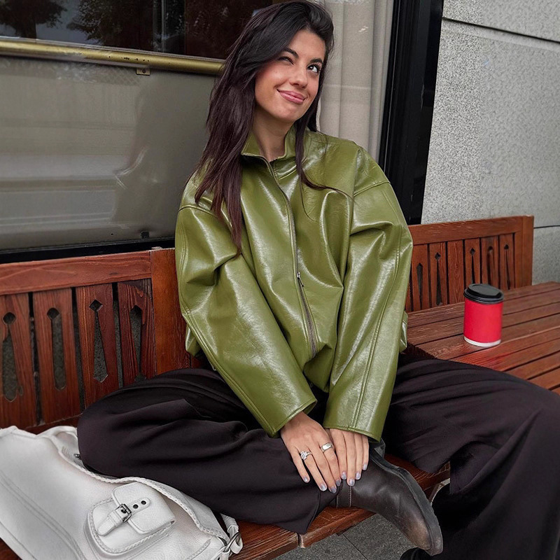 Cross-Border 2025 Zipper Slimming Women's Clothing Autumn and Winter New Stand-Up Collar Leather Jacket Women's Coat Half-Dress Suit