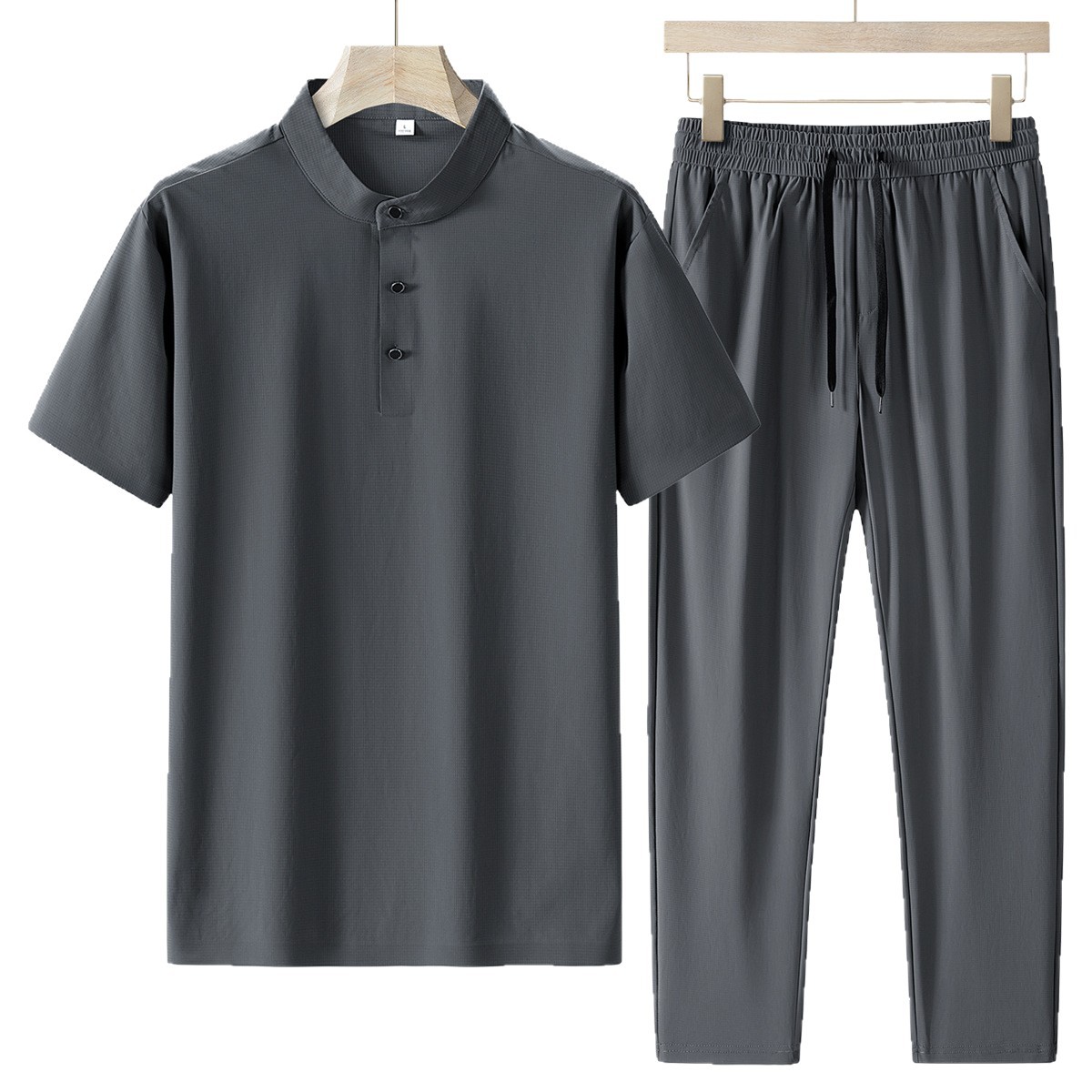 Papá traje casual de verano para hombre con cuello alto, nueva camiseta de manga corta de seda de hielo, pantalones finos de verano de secado rápido, traje de dos piezas para hombre