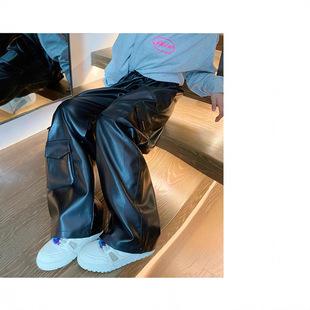 National Tide Hip-Hop Street Men's Leather Pants Duffy Handsome Tide Brand Straight-Leg Loose Wide-Leg Pants Design Sense Punk Biker Pants