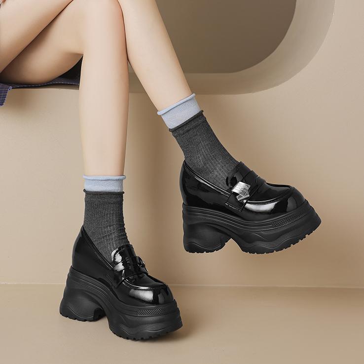 Giày lười nữ tăng chiều cao 12cm đế dày da sáng chế mũi vuông phong cách loafer — đen, Màu trắng nhạt