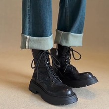 牛皮版英伦马丁靴女短靴2025新款圆头粗跟中筒靴子厚底美拉德单靴