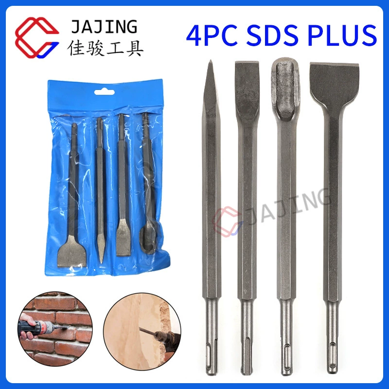 Набор из 4 предметов: молотковое долото с круглой ручкой, плоское широкое U-образное долото с крюком, двухямное, электрическое зубило, ударная дрель