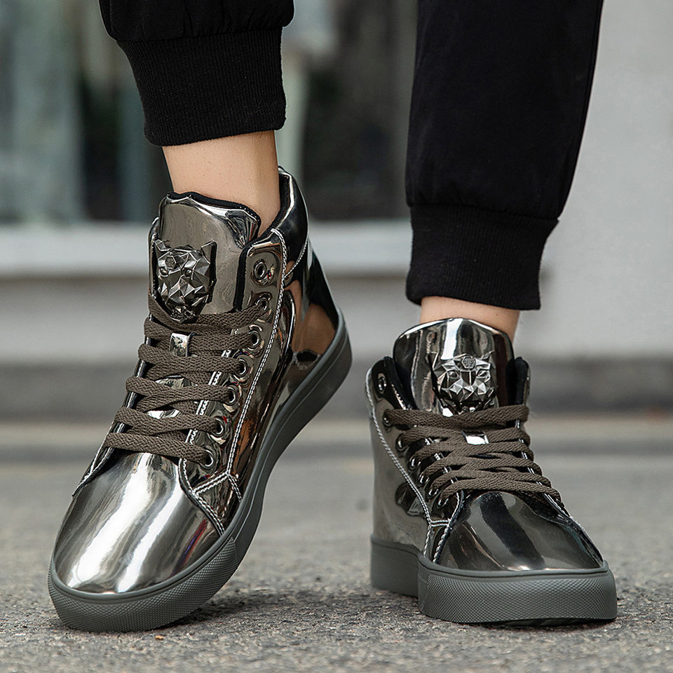 Giày sneaker nam cổ cao da bóng phong cách Hàn Quốc, giày thể thao thời trang cá tính — Bạc, màu xanh, màu đen, màu đỏ chi tiết 19
