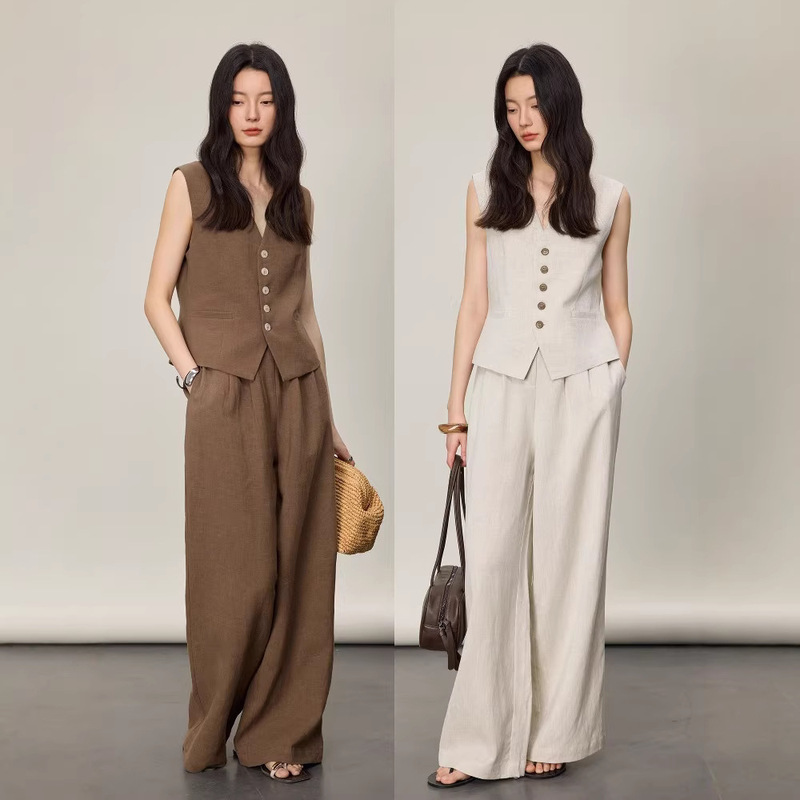 2026 Spring/Summer Old Money Style Tencel Linen Vest Set for Women, New Style with a Relaxed Fit, Wide-Leg Pants Two-Piece Set