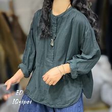 ed2025秋季新款女圆领日系双层棉麻撞色长袖文艺风外贸宽松复古