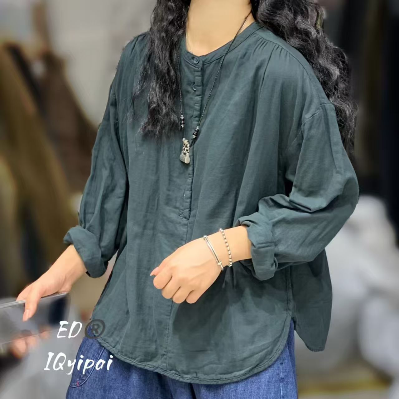 ed2025秋季新款女圆领日系双层棉麻撞色长袖文艺风外贸宽松复古