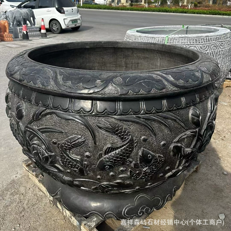 Античная резьба по дереву из голубого камня, особняк, декоративный аквариум, открытый каменный резной горшок, старый каменный лотос