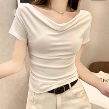 甜辣妹粉色一字肩T恤女装夏季小众设计感气质温柔风修身短款上衣