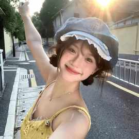 古早感纽扣蕾丝花边牛仔八角云朵帽子女显脸小度假奶系水洗贝雷帽