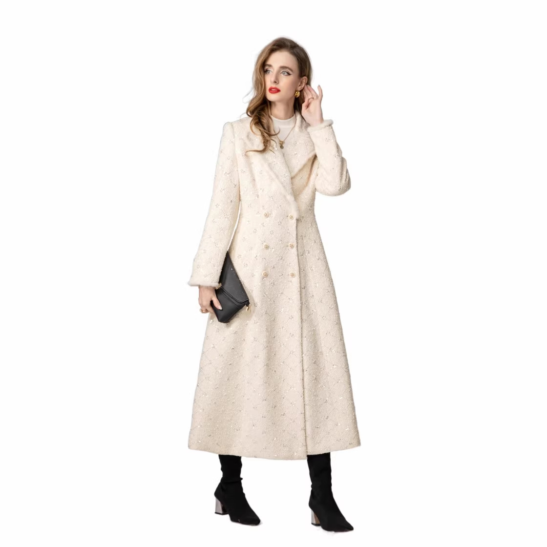 2026秋冬欧美女重工加厚拼接貂毛复古刺绣亮片珍珠大衣外套中长款