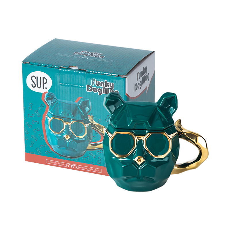 创意陶瓷酷狗杯新奇特造型杯日用陶瓷杯带盖马克杯卡通情侣咖啡杯