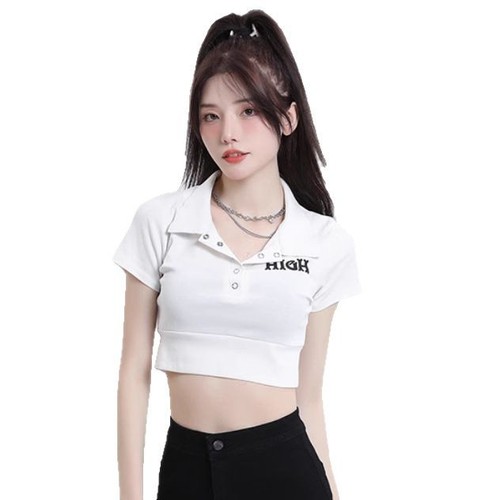Ins personality pure desire spicy girl retro polo collar button short-sleeved straight-shoulder T-shirt women's slim-fit short crop top for women