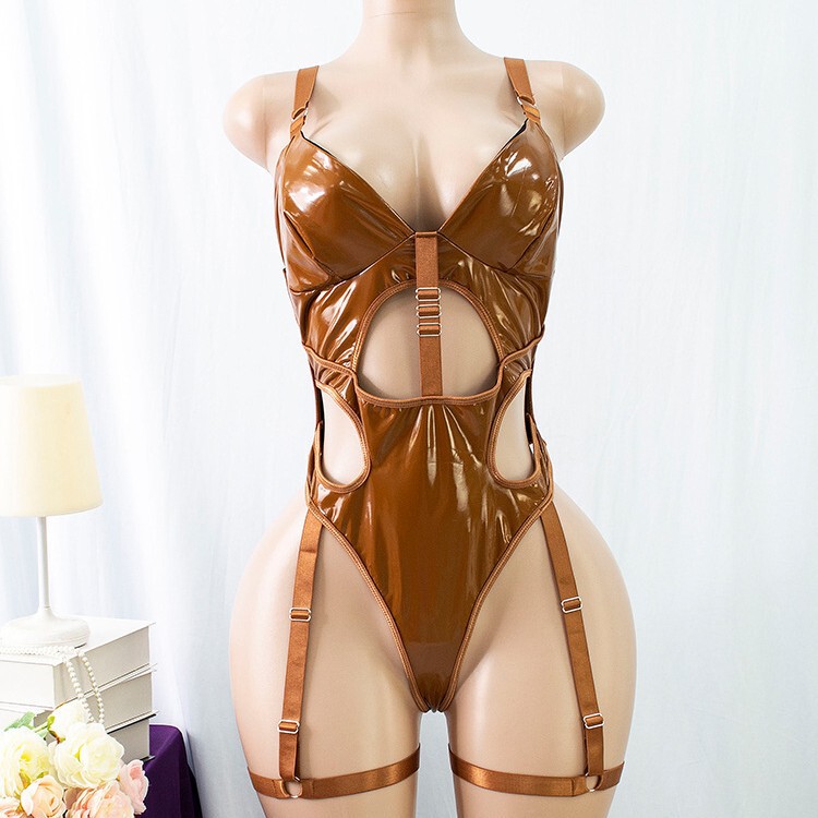 Foreign Trade Sexy Lingerie Temptation Passionate Sexy Zipper Pu Glossy Tight Suspender One-Piece Leaky Hip Sexy Jumpsuit