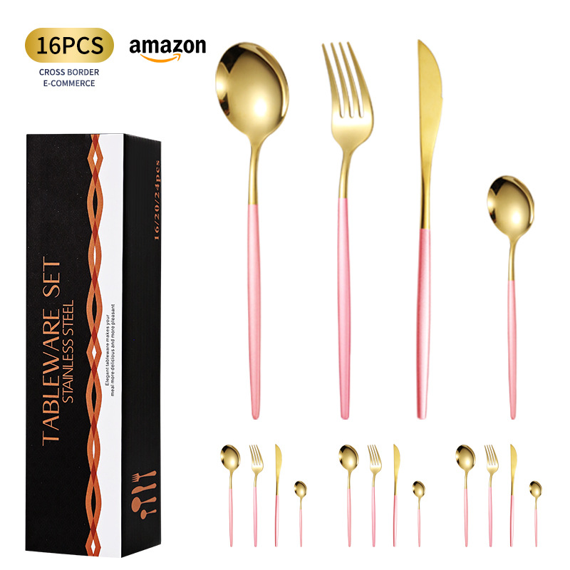 Suministro transfronterizo Traje de vajilla portugués Juego de acero inoxidable Juego de 16 piezas Juego de 4 piezas para 4 personas Cuchillo de carne occidental, tenedor y cuchara
