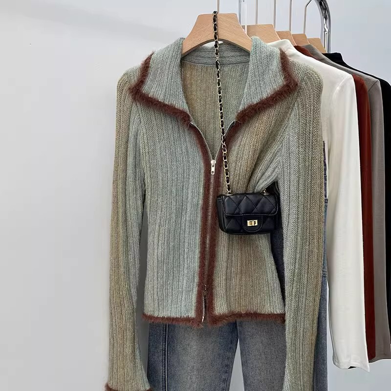 2023 Autumn and Winter New American Retro Hot Girl Gradient Color Lapel Top Sweater Knitted Bottoming Cardigan Women's Underwear