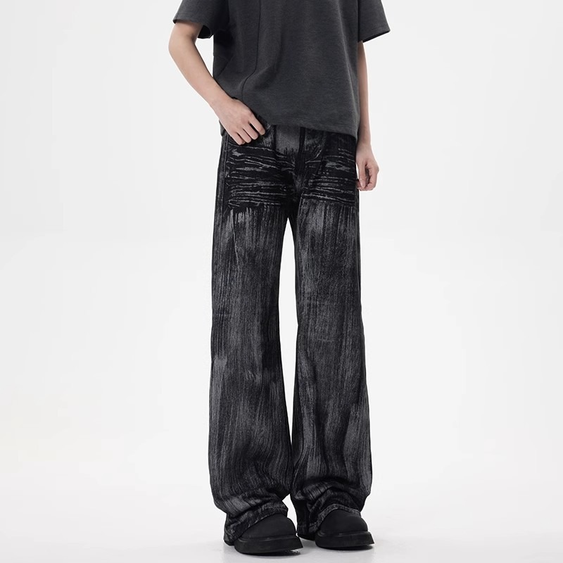 Pantalones vaqueros encerados vintage para hombre, corte recto relajado, estética limpia, lavado desgastado, ropa informal de calle_voghion.com