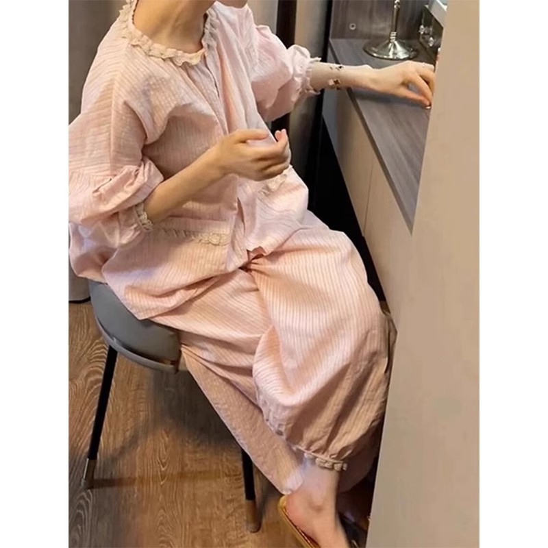 法式甜美少女荷叶边棉纱睡衣女春秋款2025新款宽亲肤家居服套装