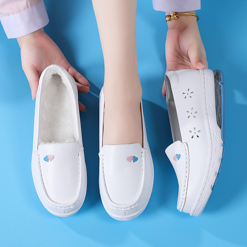 Air-cushion nurse shoes for women with soft soles, breathable, comfortable, non-slip, deodorant, genuine leather, hospital and clinic work white shoes and velvet cotton shoes