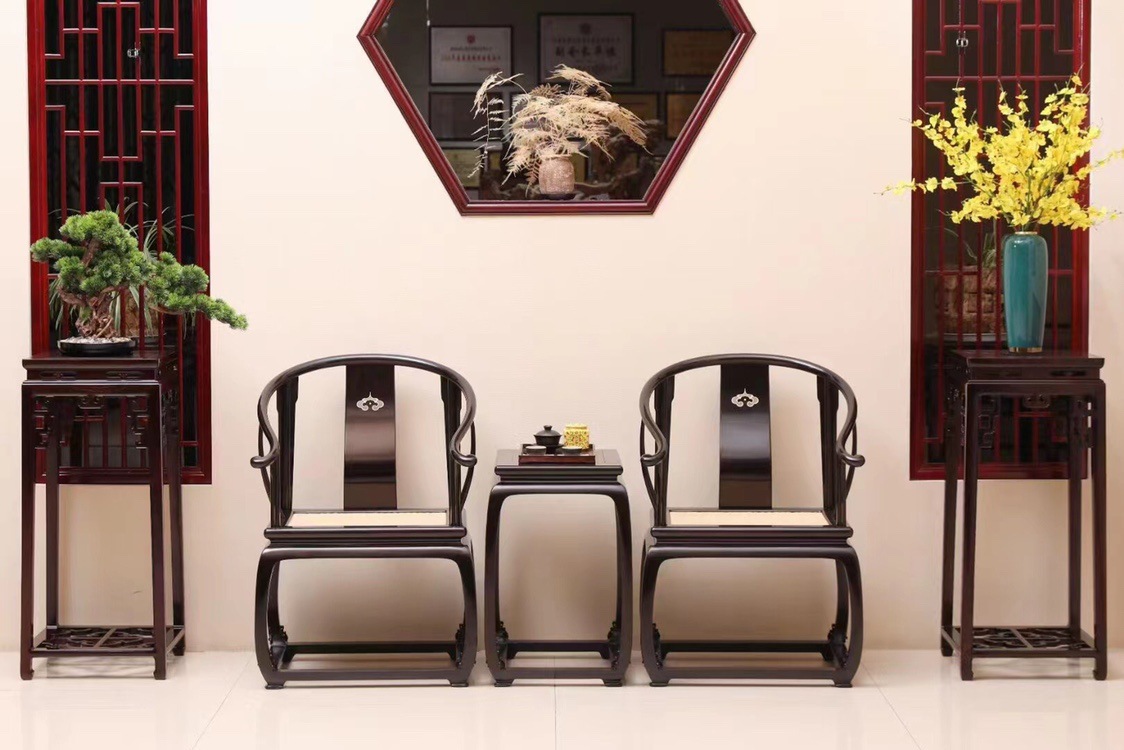 紫光檀东非黑黄檀三件套官帽椅茶椅太师老板椅洽谈椅清式明式家具