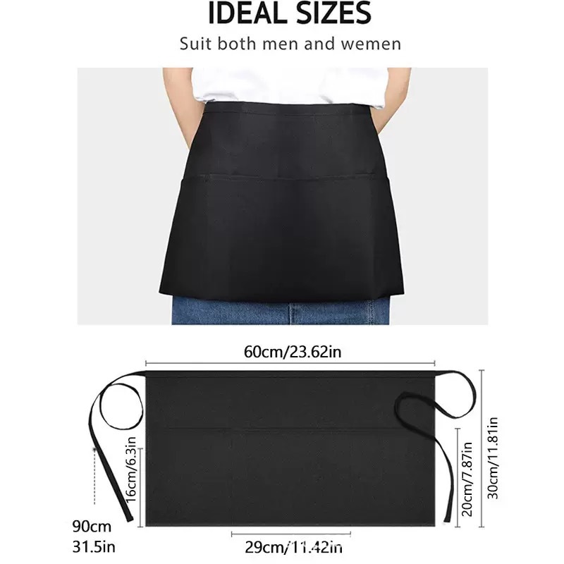 Cross-Border Popular Waterproof Apron for Men and Women, Suitable for Western Restaurants, Bars, and Hotels, Half-Length with Three Pockets and Tie Straps