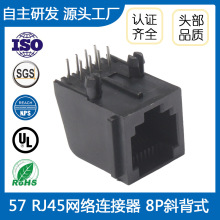 RJ45 8P8C 57斜背式扁针全塑连接器网口母座插座90度插脚网络接口