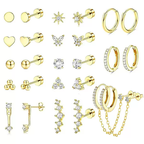 13 Pairs of Geometric Zircon Earrings Stainless Steel + Copper Real Gold Electroplated Earrings Set Flower Earrings in Stock