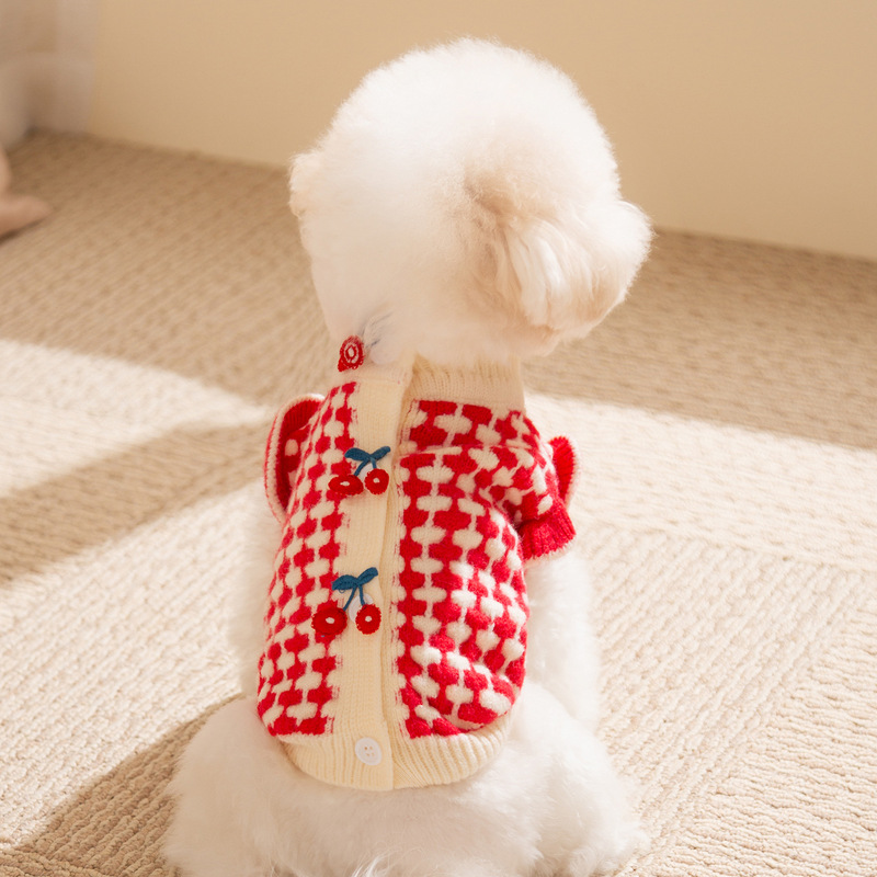 秋冬季狗狗衣服甜趣樱桃格纹毛衣加厚保暖泰迪比熊小型犬宠物衣服|undefined