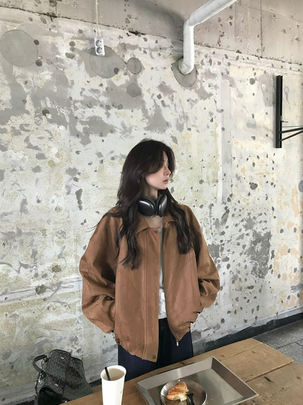 珍妮同款2025秋季经典复古好版型夹克皮衣咖色花苞廓型外套女薄款|undefined
