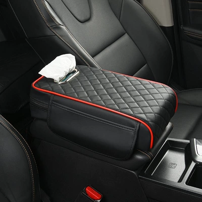 2026 New Diamond-Shaped Tissue Paper Car Armrest Box Mat (Armrest box pad) - black-and-red-armrest-box-mat-with-pocket