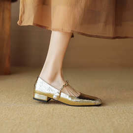 韩版浅口方头单鞋平底皮鞋法式复古银色玛丽珍鞋春夏秋休闲女鞋子