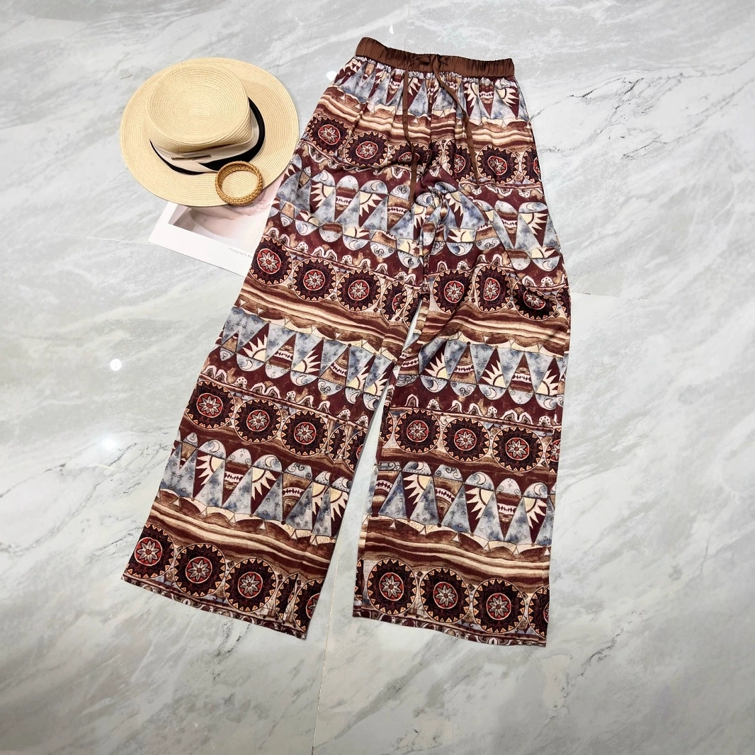 Nanyou, новые летние свободные повседневные брюки с эластичной резинкой на талии и шнурком, модные элегантные женские брюки в этническом стиле с принтом в стиле ретро